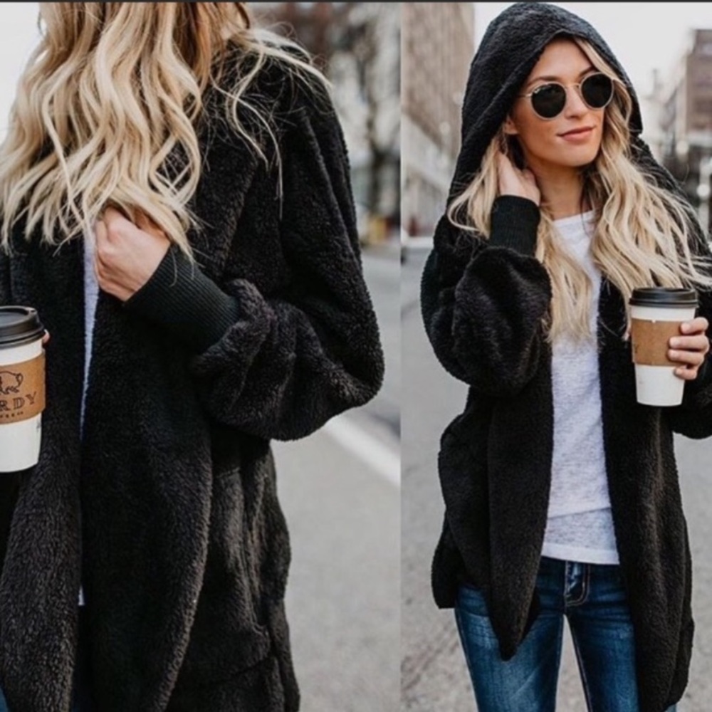 Oversized plush hooded women jacket teddy warm coat winer with pocket